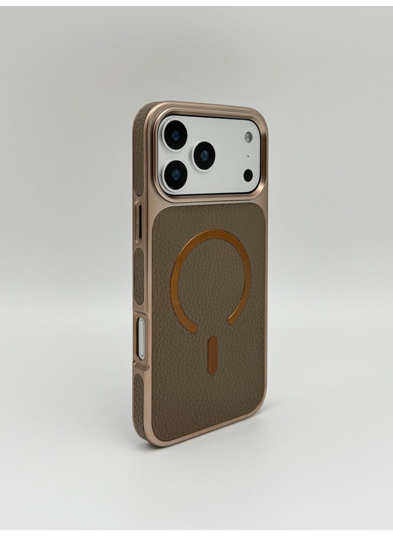 general Luxury Vegan Leather MagSafe iPhone Case with Electroplated Metal Frame & Lens Protection – Premium Slim Shockproof Back Cover for iPhone 17 Pro Max - Image 2