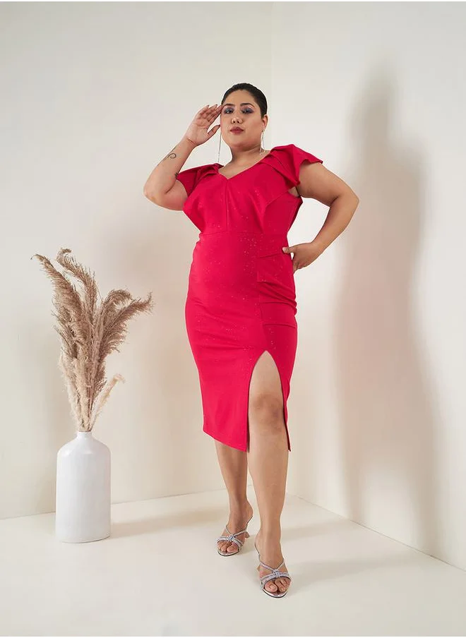 ساسافراس Glitter Ruffle Detail Body Slit Bodycon Midi Dress by Styli