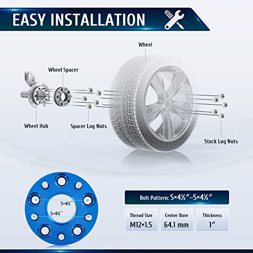 Orion Motor Tech محولات العجلات المركزية من أوريون موتور تك 5x114.3، محولات عجلات زرقاء 1" مع مسامير M12x1.5 متوافقة مع هوندا أكورد هوندا سيفيك هوندا CRV أكورا RSX أكورا TL، مجموعة محولات العجلات بفتحة 64.1 مم، 4 قطع - Image 3