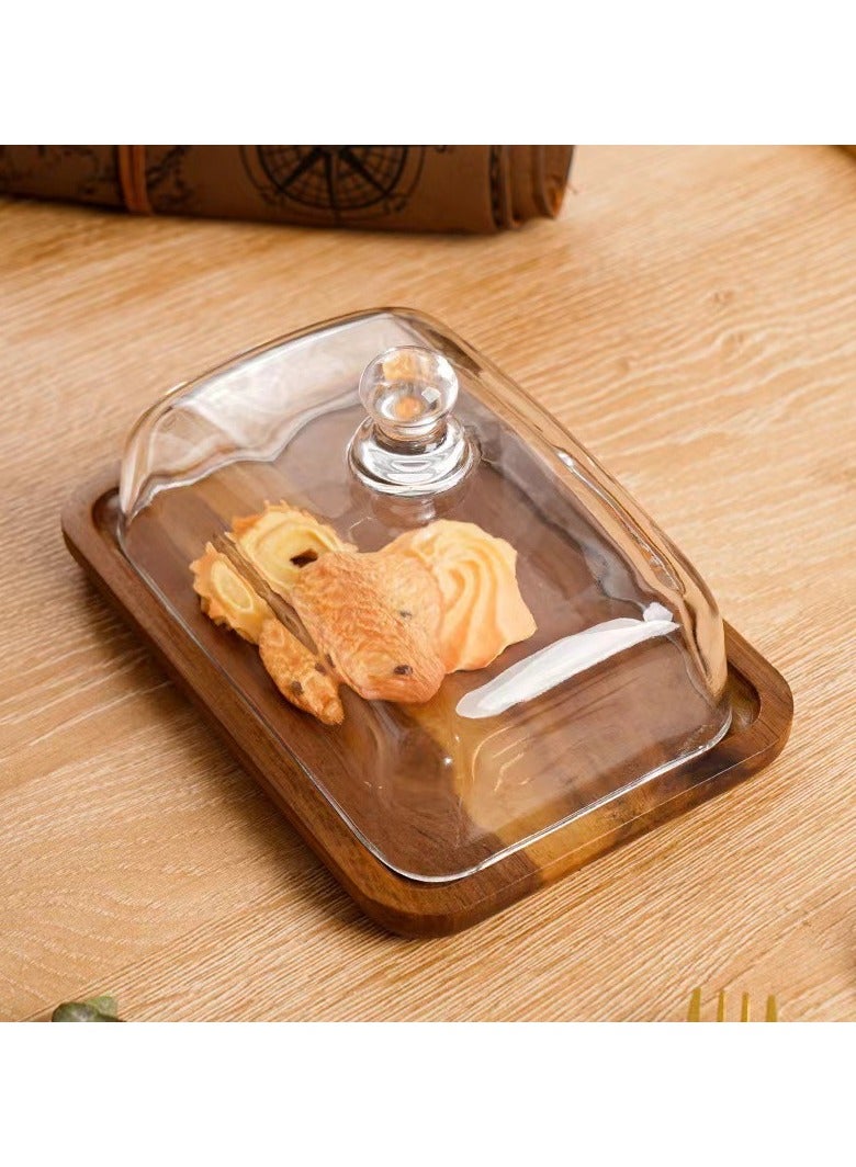 عام طبق زبدة خشبي مع غطاء زجاجي، مناسب لتقديم الزبدة والجبن والمأكولات الخفيفة والمعجنات والحلويات. - Image 1