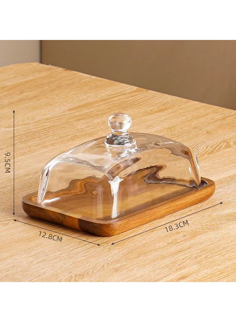 عام طبق زبدة خشبي مع غطاء زجاجي، مناسب لتقديم الزبدة والجبن والمأكولات الخفيفة والمعجنات والحلويات. - Image 2