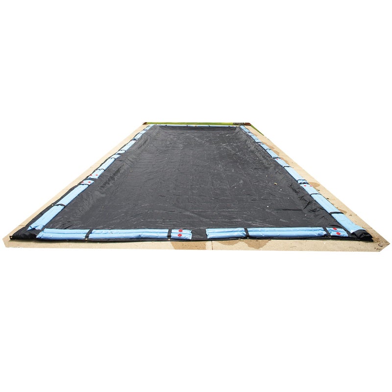 Blue Wave 12 ft x 24 ft Rectangular Rugged Mesh Winter In Ground Pool Cover â€“ Blocks Debris & Sunlight with 8-Year Protection for Off-Season - With Woven Polyethylene, 5 ft Overlap, Cable, Winch - Image 1