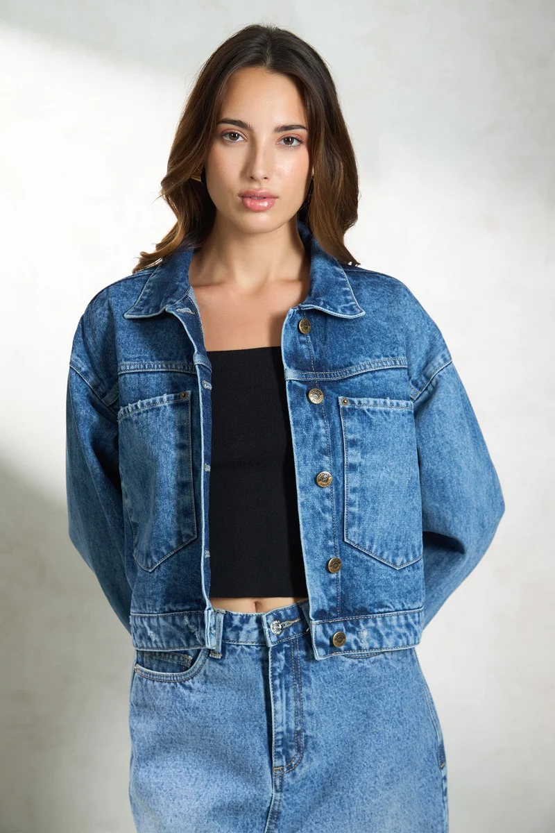 فيرجيو Solid Cotton Denim Relaxed Trucker Jacket for Women
