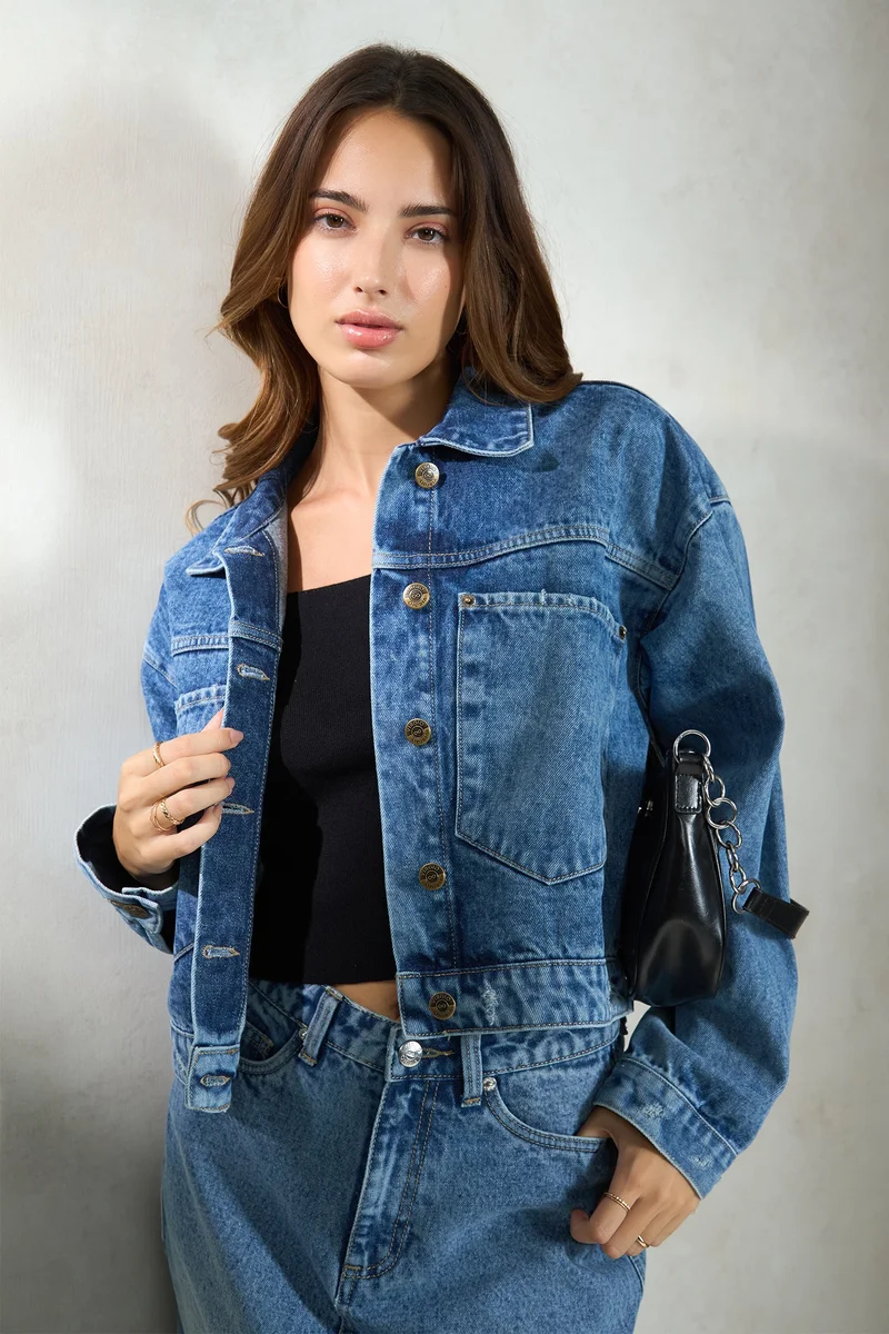 فيرجيو Solid Cotton Denim Relaxed Trucker Jacket for Women
