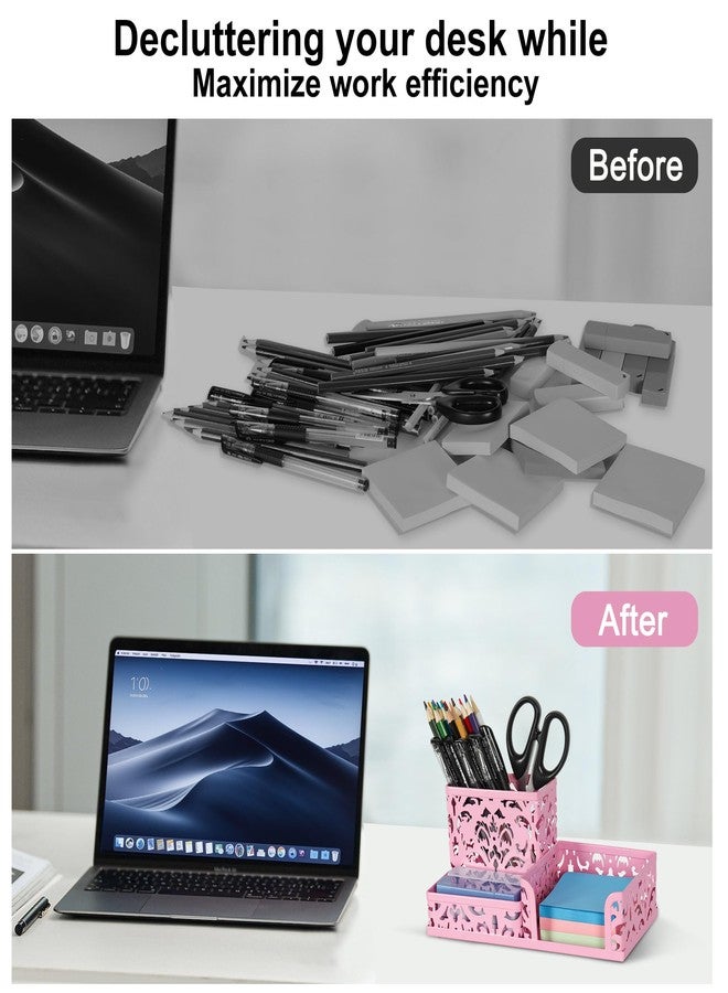 EasyPAG Desk Organizer 3 Compartment Pen Holder for Desk Office Supplies Caddy with Sticky Notes Holder for School Home, Pink - Image 5