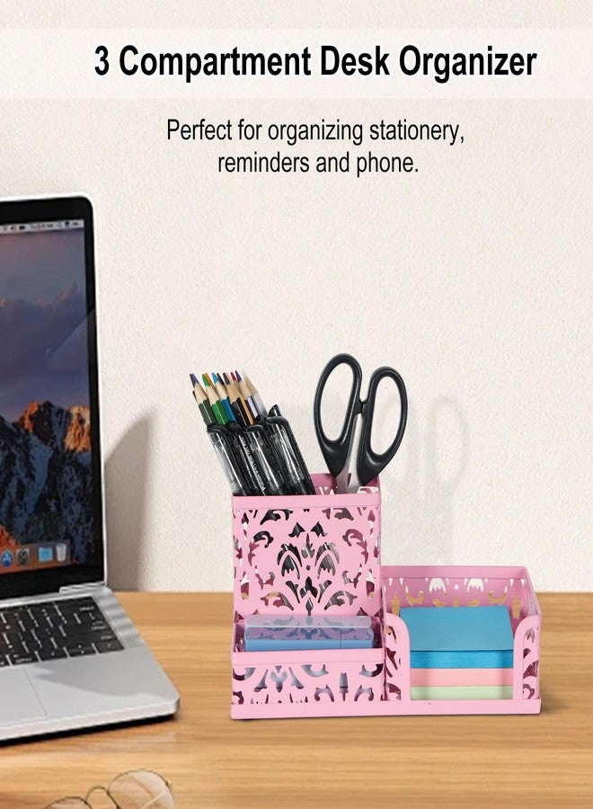 EasyPAG Desk Organizer 3 Compartment Pen Holder for Desk Office Supplies Caddy with Sticky Notes Holder for School Home, Pink - Image 2