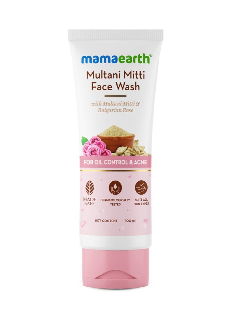 Mamaearth MAMAEARTH Multani Mitti Face Wash for Acne & Oil Control | Gently Cleanses Sebum & Reduces Acne | Non-Drying Formula | with Bulgarian Rose | 3.38 Fl Oz (100ml) - Image 1