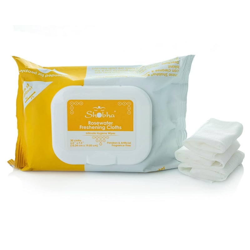 Shobha Rosewater Freshening Cloths  Cleansing Face  Body Wipes  Intimate Hygiene Wipes Ideal Before  After Hair Removal  Suitable for Sensitive Facial Skin  Bikini Area 30 Count