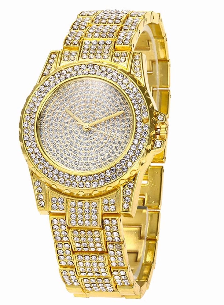 roaiss Women's Metal Strap Quartz Watch Analog Display Round Dial with Shiny Rhinestones Decoration Luxurious Wristwatch as Gift for Ladies, Gold - Image 1
