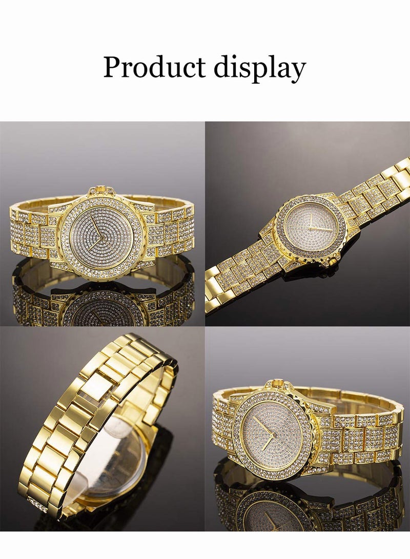 roaiss Women's Metal Strap Quartz Watch Analog Display Round Dial with Shiny Rhinestones Decoration Luxurious Wristwatch as Gift for Ladies, Gold - Image 3