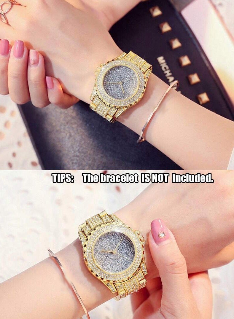 roaiss Women's Metal Strap Quartz Watch Analog Display Round Dial with Shiny Rhinestones Decoration Luxurious Wristwatch as Gift for Ladies, Gold - Image 2