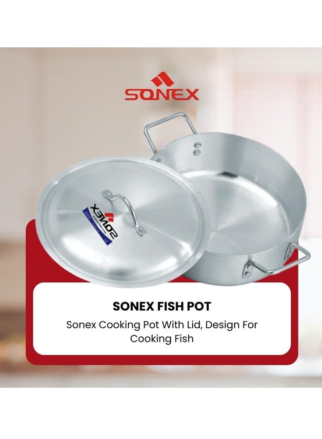 SONEX Sonex Fish Pot No.5 (35.5 cm & 11 Ltr), Shallow Cooking Pot With Lid, Premium Aluminum,Excellent Heat Distribution, Ergonomic Handles, Dishwasher Safe, Metal Finish, Silver  - Image 2