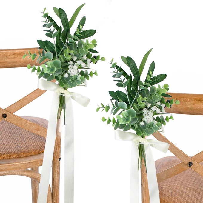 6PCS WEDDING AISLE DECOR CHURCH BENCH OUTDOOR WEDDING CHAIR BENCH PEW BOWS FOR WEDDING CEREMONY ARTIFICIAL EUCALYPTUS AISLE DECORATIONS
