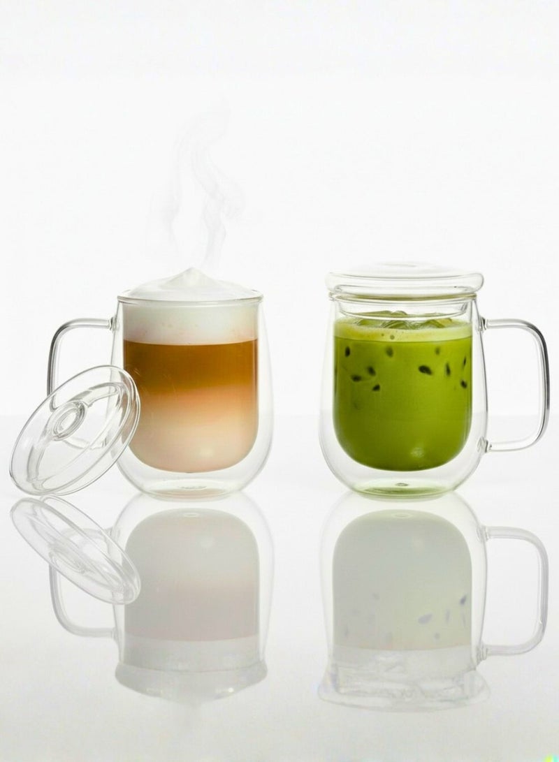 1Chase Set of 2 -350ML  Borosilicate Double Walle Glass Coffee Cups With Handle And Glass Lid - Image 1