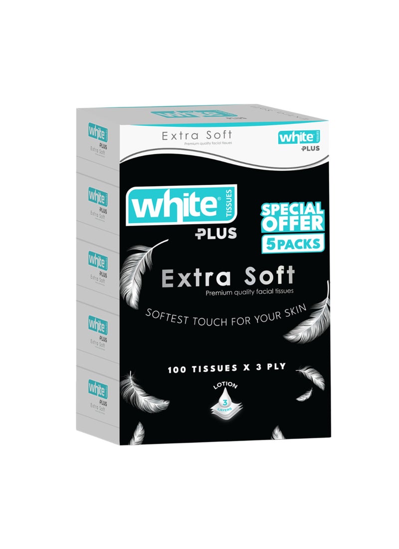 White Extra Soft Facial Tissues Box - 5 Packs of 100 Sheets x 3Ply| Premiumness in a Box; Infused with Lotion for Ultimate Softness & Gentleness on the Skin 5in1; Perfect for Allergies or Cold & Flu - Image 1