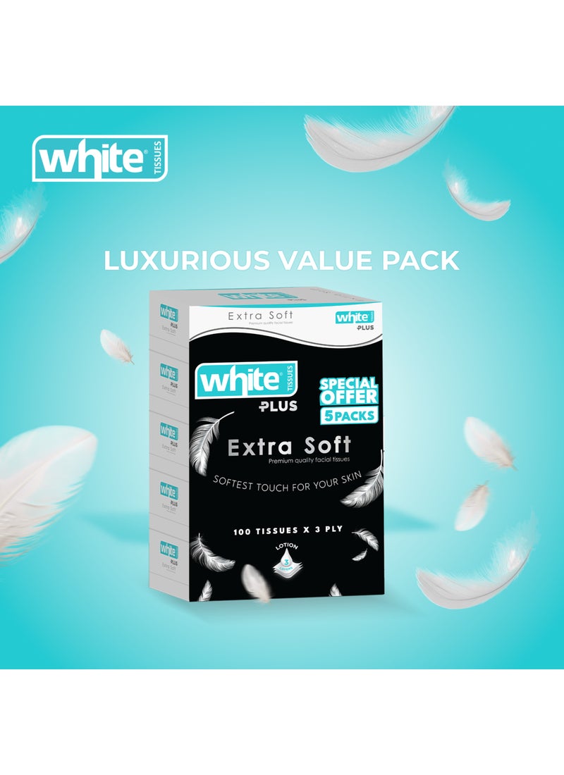 White Extra Soft Facial Tissues Box - 5 Packs of 100 Sheets x 3Ply| Premiumness in a Box; Infused with Lotion for Ultimate Softness & Gentleness on the Skin 5in1; Perfect for Allergies or Cold & Flu - Image 2