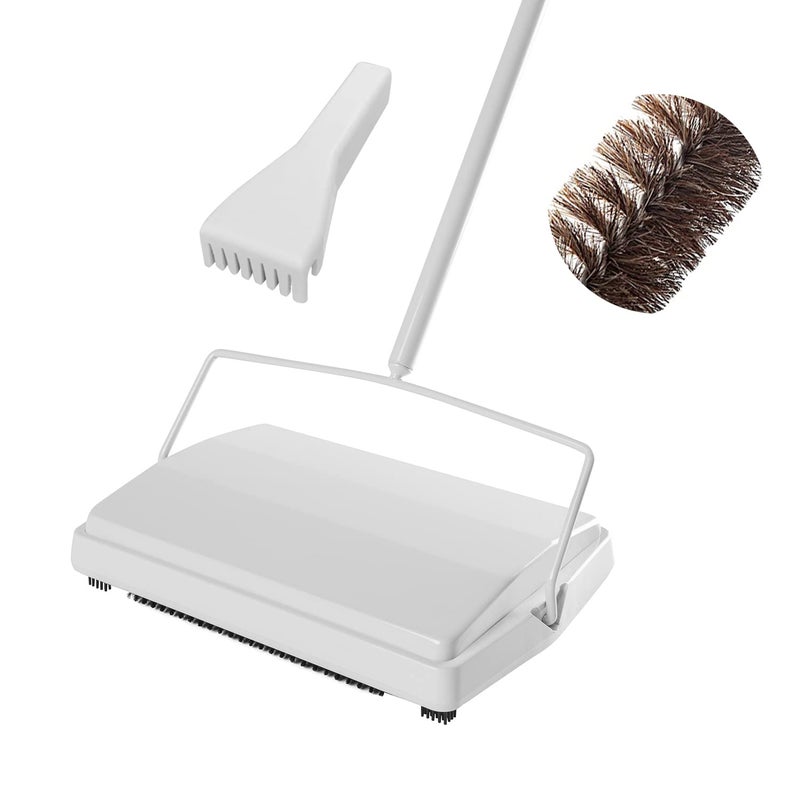 JEHONN Carpet Floor Sweeper with Horsehair Non Electric Manual Sweeping Rotor Brush Heavy Duty for Pet Hair Clean