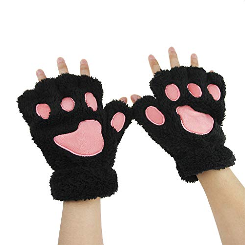 Fakeface Fluffy Cat Claw Gloves - Fingerless Bear Paw Mitten Gloves for Christmas & Halloween Cosplay - Black - Image 5