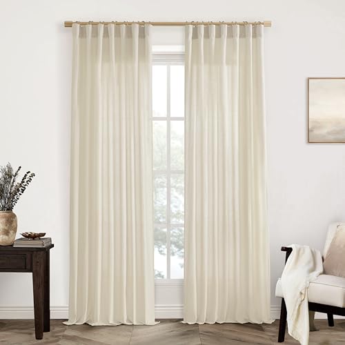 XTMYI Tan Beige Curtains 84 Inches Long for Living Room,Sheer Linen Hooks Pleated Back Tab Light Filtering Semi Opaque Curtains for Bedroom,Set of 2 Panels - Image 1