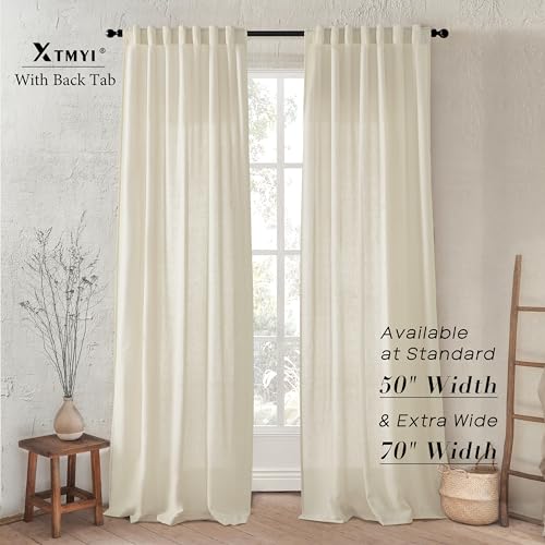 XTMYI Tan Beige Curtains 84 Inches Long for Living Room,Sheer Linen Hooks Pleated Back Tab Light Filtering Semi Opaque Curtains for Bedroom,Set of 2 Panels - Image 2