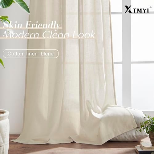XTMYI Tan Beige Curtains 84 Inches Long for Living Room,Sheer Linen Hooks Pleated Back Tab Light Filtering Semi Opaque Curtains for Bedroom,Set of 2 Panels - Image 3