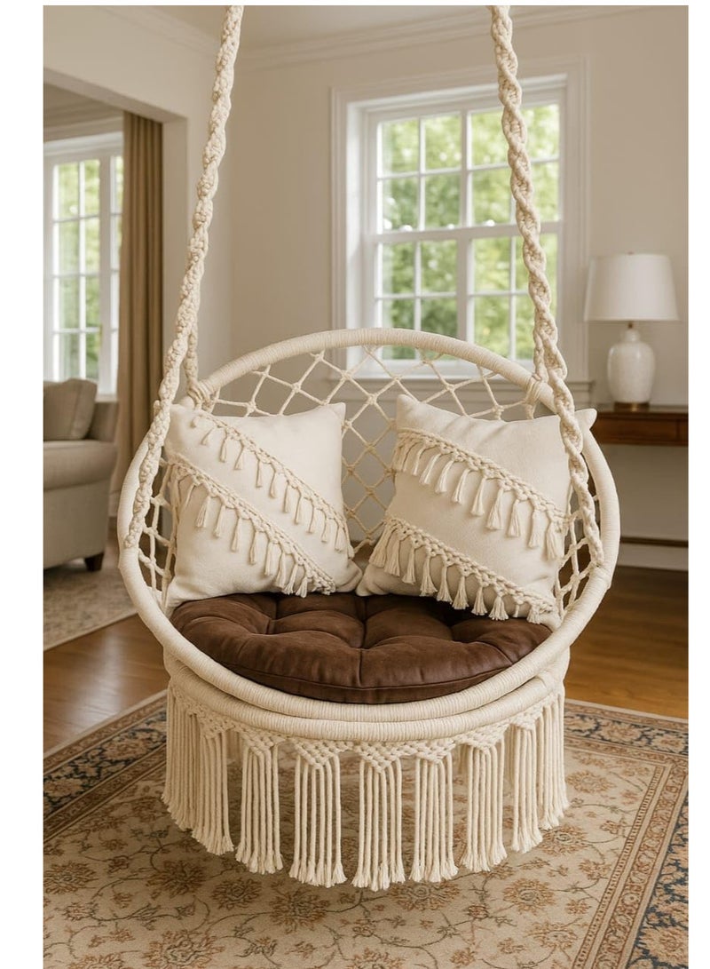 كرسي معلق مصنوع من المكرمية، كرسي بوهيمي مع وسادتين مزينتين بشريط مصنوع يدويًا وصينية قاعدة واحدة متضمنة جميع أدوات التعليق