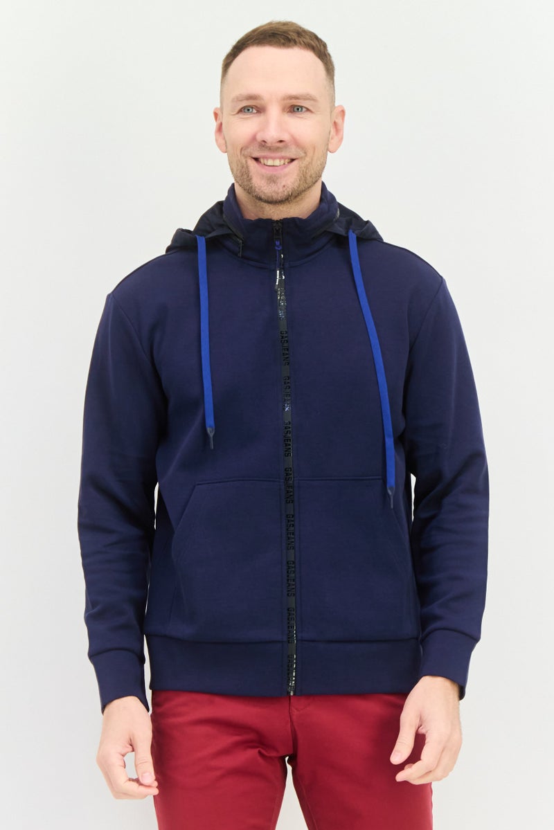 Gas Jeans Men Long Sleeve Brand Logo Hoodie, Navy - Image 1