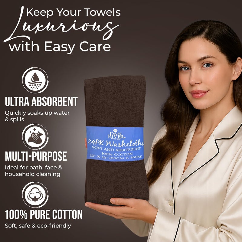 DAN RIVER 24 Pack Wash Cloths for Showering [12x12] - 100% Cotton Washcloths Premium Quality Flannel Face Cloths for Bathroom, Highly Absorbent and Soft Feel Wash Clothes, Brown - Image 4