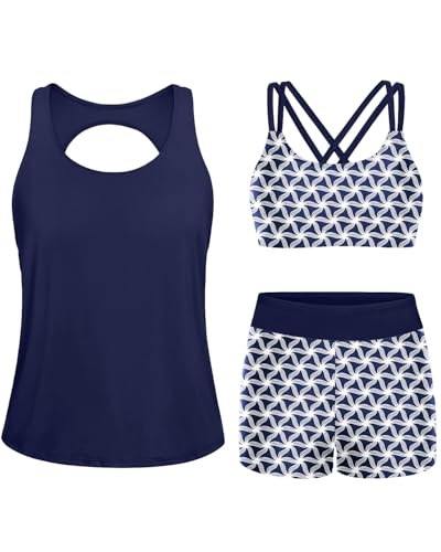 Yonique 3 Piece Swimsuits for Women Athletic Tankini Teen Bathing Suit Tummy Control Modest Swimwear with Boy Shorts Blue M - Image 1