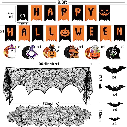 Partyprops Halloween Decorations Indoor Set Halloween Festive Decor Happy Halloween Banner Hanging Swirls Spider Web Table Runner Mantel Scarf 3D Bat Sticker for Spooky Haunted House Home Kitchen Decor - Image 3