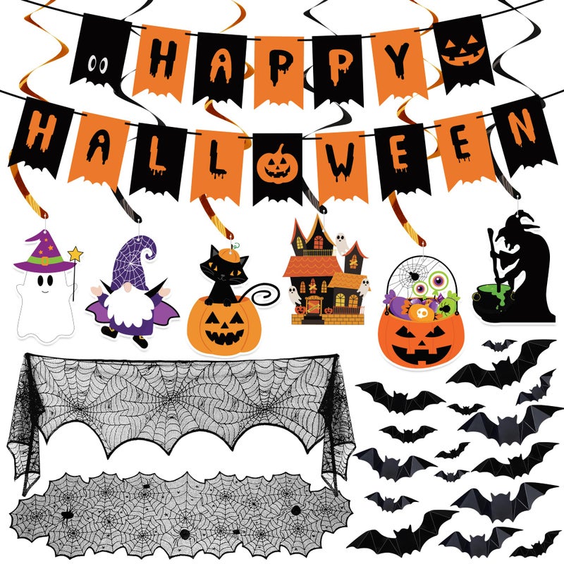 Partyprops Halloween Decorations Indoor Set Halloween Festive Decor Happy Halloween Banner Hanging Swirls Spider Web Table Runner Mantel Scarf 3D Bat Sticker for Spooky Haunted House Home Kitchen Decor - Image 2