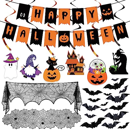 Partyprops Halloween Decorations Indoor Set Halloween Festive Decor Happy Halloween Banner Hanging Swirls Spider Web Table Runner Mantel Scarf 3D Bat Sticker for Spooky Haunted House Home Kitchen Decor - Image 1