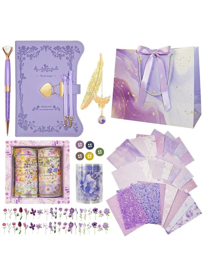Hokoad Diy Junk Journal Kit, Scrapbook Supplies Kit Includes B6 Diary with Lock and Key Flower Stickers Tape Roller, Stationary Diary Supplies Birthday Craft Gifts for Scrapbookers, Purple - Image 1