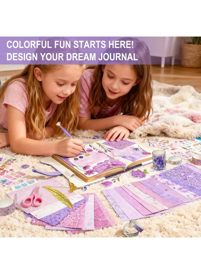 Hokoad Diy Junk Journal Kit, Scrapbook Supplies Kit Includes B6 Diary with Lock and Key Flower Stickers Tape Roller, Stationary Diary Supplies Birthday Craft Gifts for Scrapbookers, Purple - Image 5
