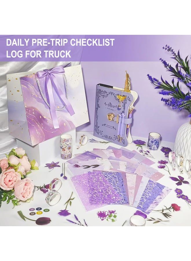 Hokoad Diy Junk Journal Kit, Scrapbook Supplies Kit Includes B6 Diary with Lock and Key Flower Stickers Tape Roller, Stationary Diary Supplies Birthday Craft Gifts for Scrapbookers, Purple - Image 3