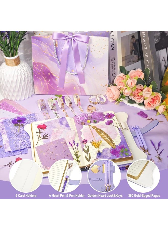 Hokoad Diy Junk Journal Kit, Scrapbook Supplies Kit Includes B6 Diary with Lock and Key Flower Stickers Tape Roller, Stationary Diary Supplies Birthday Craft Gifts for Scrapbookers, Purple - Image 4