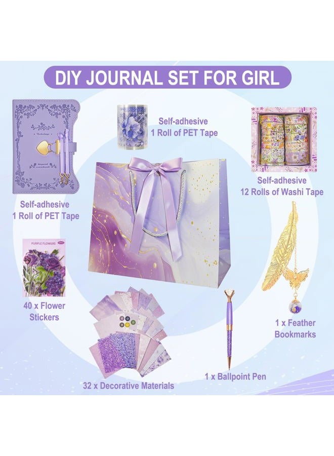 Hokoad Diy Junk Journal Kit, Scrapbook Supplies Kit Includes B6 Diary with Lock and Key Flower Stickers Tape Roller, Stationary Diary Supplies Birthday Craft Gifts for Scrapbookers, Purple - Image 2