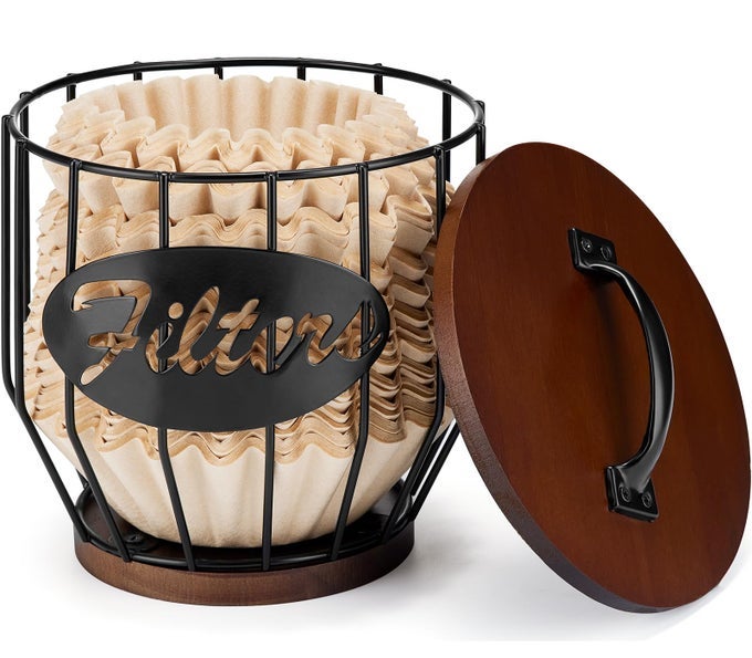 812 CUP COFFEE FILTERS HOLDER WITH WOOD LIDLARGE CAPACITY COFFEE FILTER STORAGE CANISTER CONTAINER BASKET ROUND COFFEE FILTER HOLDER CASE FOR COUNTERCOFFEE BAR ACCESSORIES DECOR