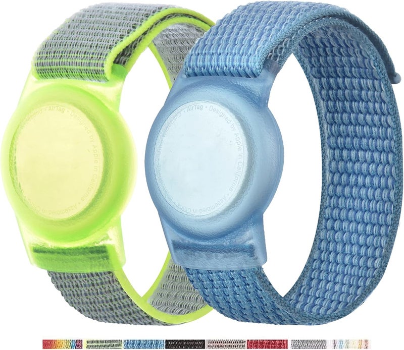 Yiurcy 2 Pack AirTag Bracelet for Kids, Apple Air Tag Protective Cover with Nylon Wristband, Anti Lost GPS Trackers Case Cover Elastic Watch Band for Toddlers Girls Boys Elders (Blue,Green) - Image 1