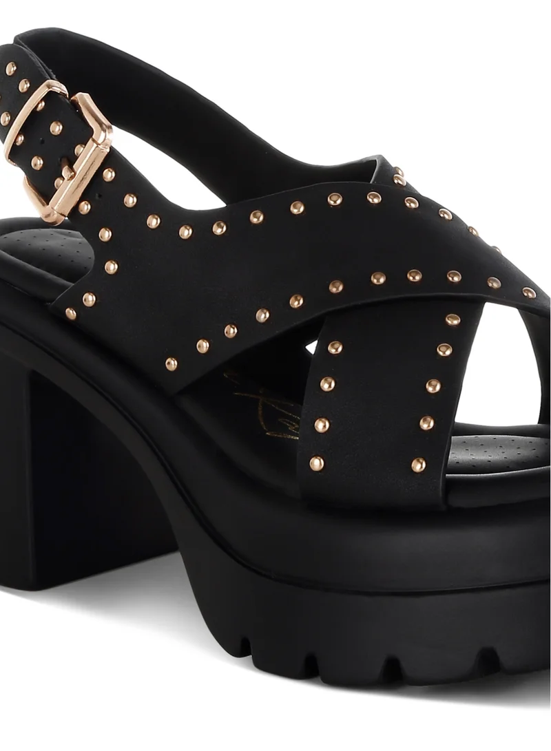 London Rag Stud Embellished Block Heel Sandals in Black