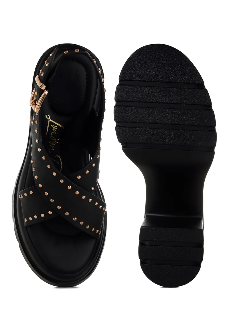 London Rag Stud Embellished Block Heel Sandals in Black