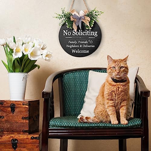 Harooni Funny No Soliciting Sign for House Wreath Welcome Sign for Front Door No Soliciting Family Friends Neighbors Welcome Sign 12"x12" Welcome Round Bow Wood Plaque Decoration for Home Porch Yard - Image 4