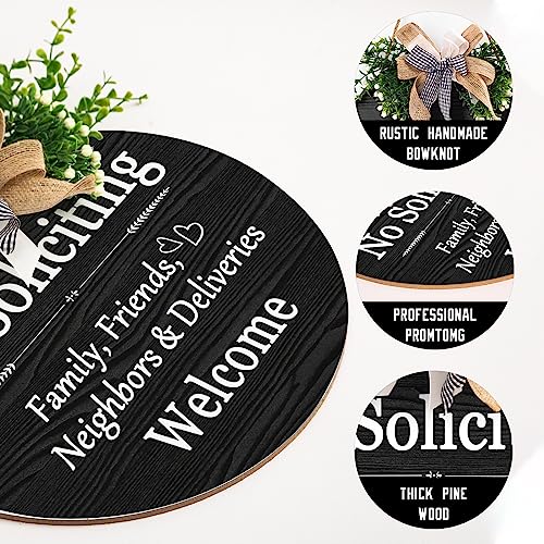 Harooni Funny No Soliciting Sign for House Wreath Welcome Sign for Front Door No Soliciting Family Friends Neighbors Welcome Sign 12"x12" Welcome Round Bow Wood Plaque Decoration for Home Porch Yard - Image 3
