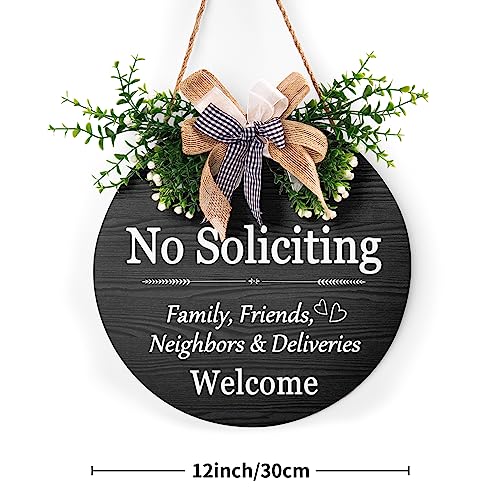 Harooni Funny No Soliciting Sign for House Wreath Welcome Sign for Front Door No Soliciting Family Friends Neighbors Welcome Sign 12"x12" Welcome Round Bow Wood Plaque Decoration for Home Porch Yard - Image 2