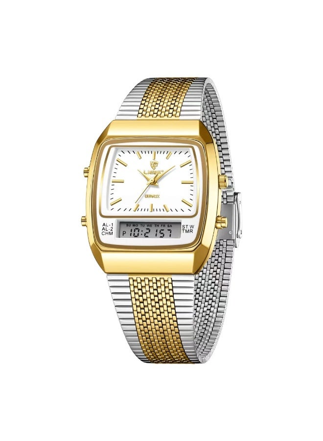 LIEBIG Retro Men’s Watch – Dual Display Quartz Analog & Digital, Two-Tone Stainless Steel Band, Alarm, Chronograph, Waterproof - Image 1