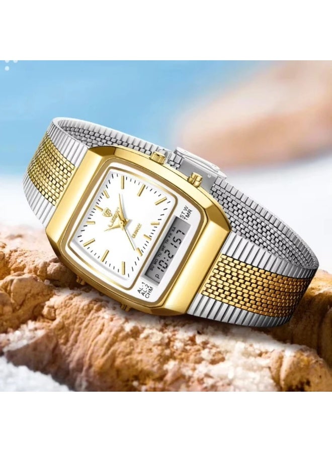 LIEBIG Retro Men’s Watch – Dual Display Quartz Analog & Digital, Two-Tone Stainless Steel Band, Alarm, Chronograph, Waterproof - Image 2