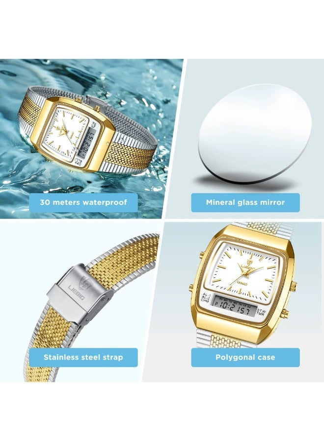 LIEBIG Retro Men’s Watch – Dual Display Quartz Analog & Digital, Two-Tone Stainless Steel Band, Alarm, Chronograph, Waterproof - Image 3