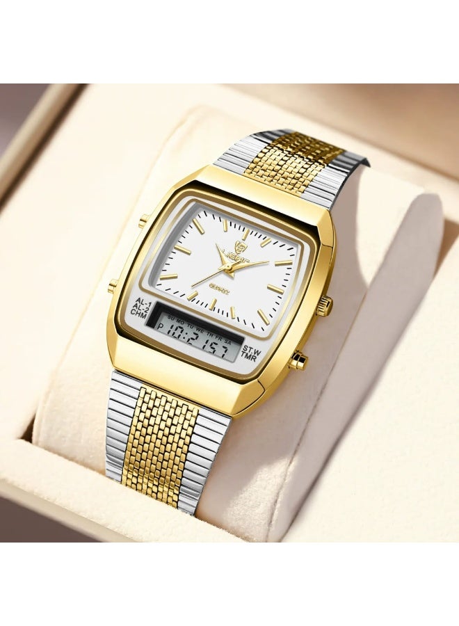 LIEBIG Retro Men’s Watch – Dual Display Quartz Analog & Digital, Two-Tone Stainless Steel Band, Alarm, Chronograph, Waterproof - Image 4