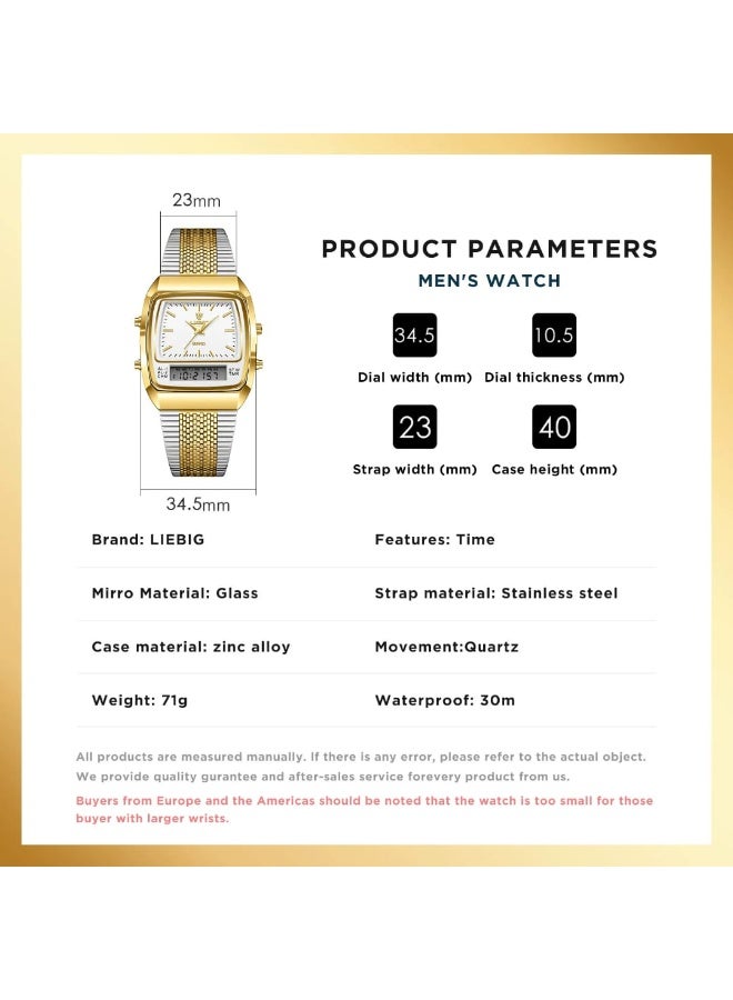 LIEBIG Retro Men’s Watch – Dual Display Quartz Analog & Digital, Two-Tone Stainless Steel Band, Alarm, Chronograph, Waterproof - Image 5