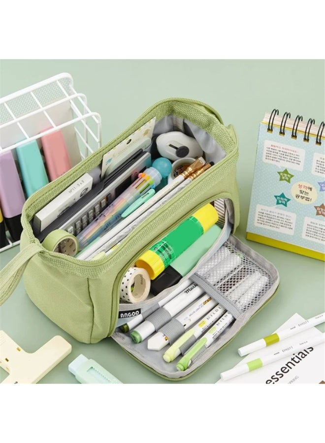 ANGOO High capacity pencil case, durable stationery case with handle and easy to grip ring, providing stationery storage pencil case for girls and adults in the back of school season, green - Image 1